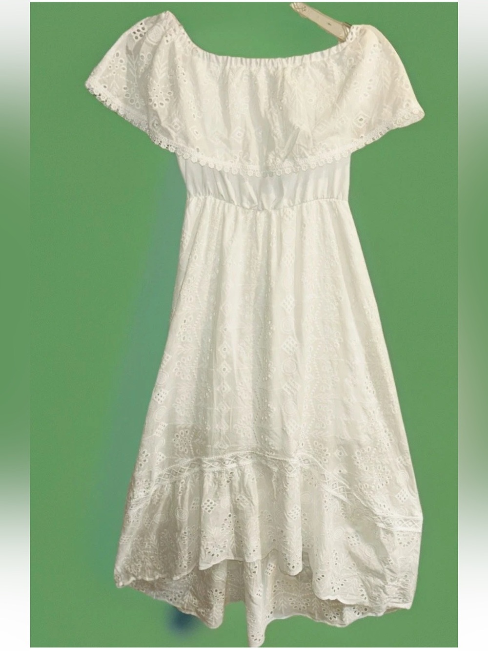 White Eyelet Off Shoulder Asymmetric Midi Dress 100% Cotton Boho High-Low Sz S